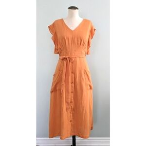 orange flutter sleeve midi dress with patch pockets, size large